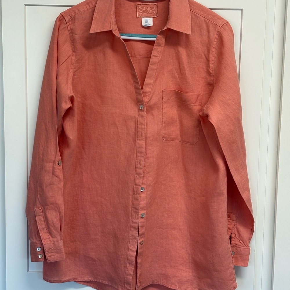 Sigrid Olsen Linen Coral Button-Up Shirt M